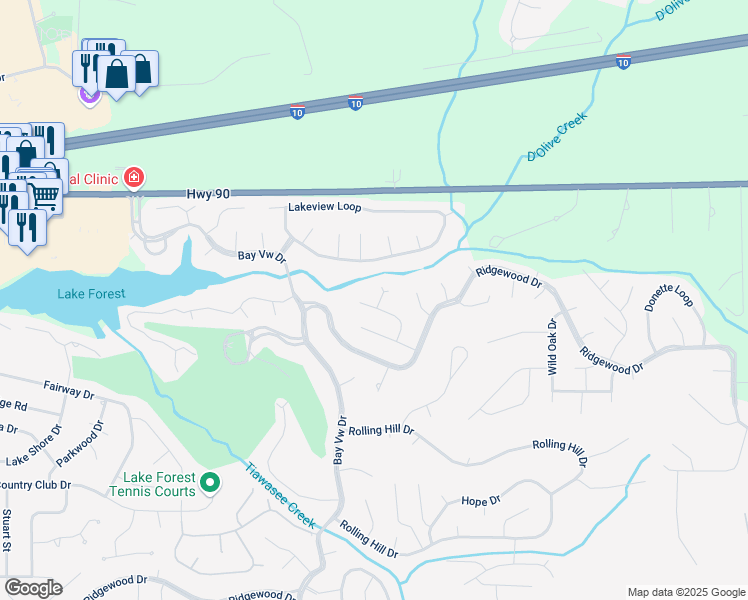 map of restaurants, bars, coffee shops, grocery stores, and more near 101 Kentwood Circle in Daphne
