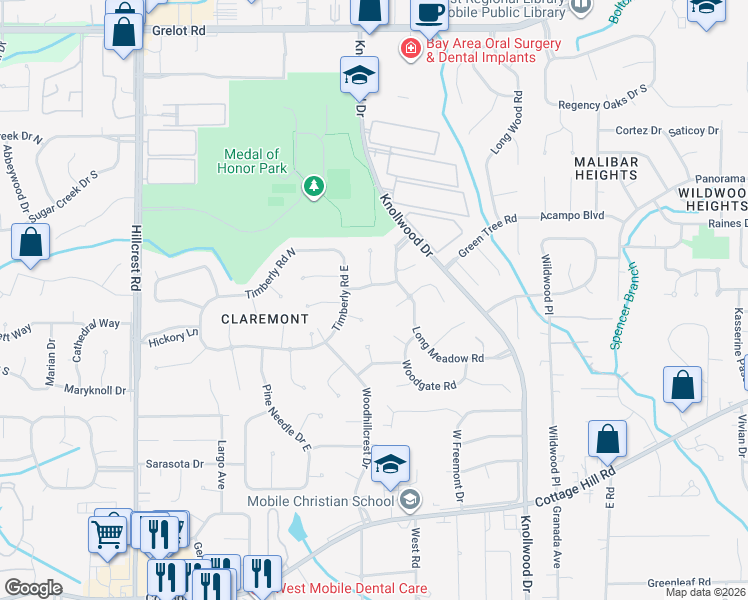 map of restaurants, bars, coffee shops, grocery stores, and more near 5913 Ole Mill Road in Mobile