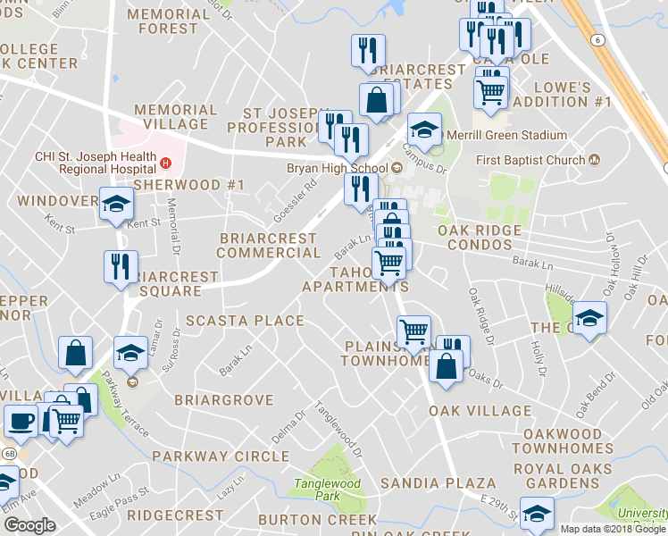 map of restaurants, bars, coffee shops, grocery stores, and more near 1620 Barak Lane in Bryan