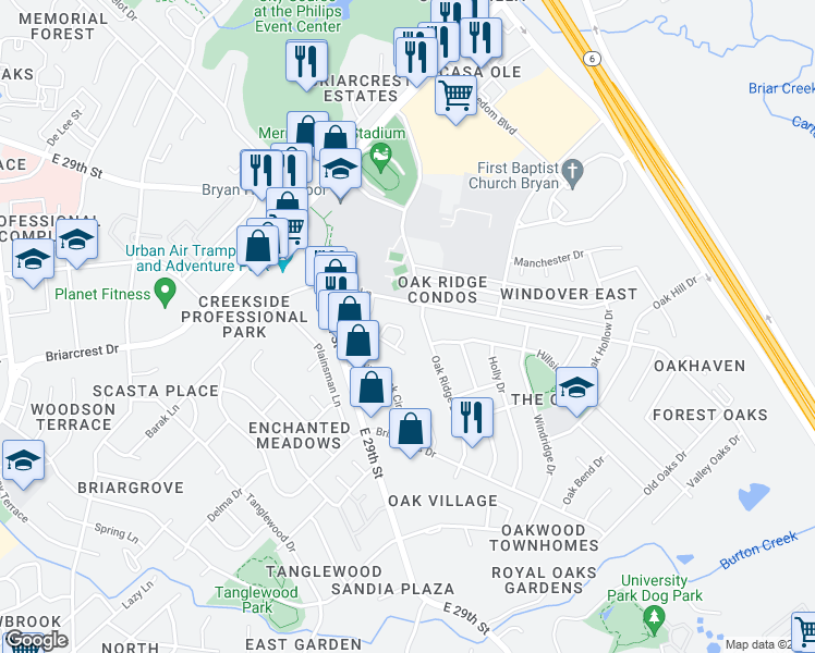 map of restaurants, bars, coffee shops, grocery stores, and more near 1917 Pine Tree Drive in Bryan