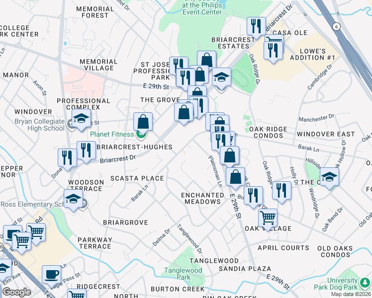 map of restaurants, bars, coffee shops, grocery stores, and more near 1624 Barak Lane in Bryan