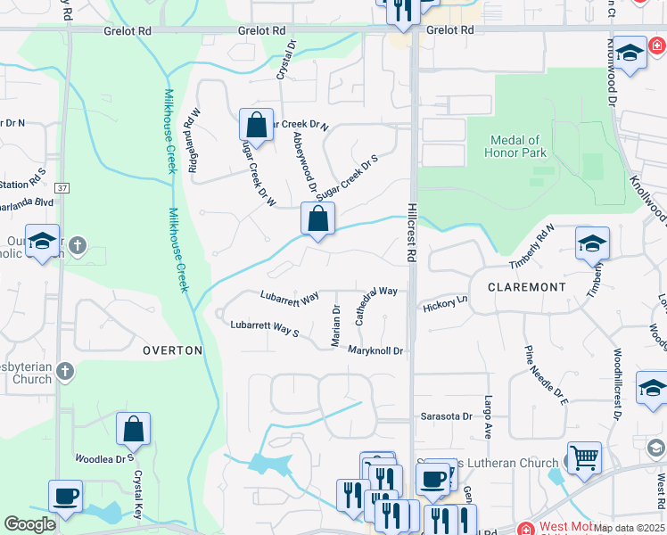 map of restaurants, bars, coffee shops, grocery stores, and more near 6510 Lubarrett Way in Mobile