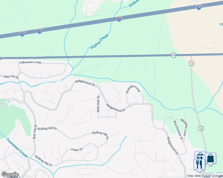 map of restaurants, bars, coffee shops, grocery stores, and more near 104 Chatwood Circle in Daphne
