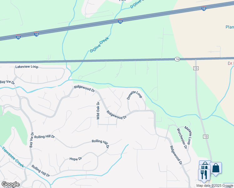 map of restaurants, bars, coffee shops, grocery stores, and more near 120 Woodside Drive in Daphne