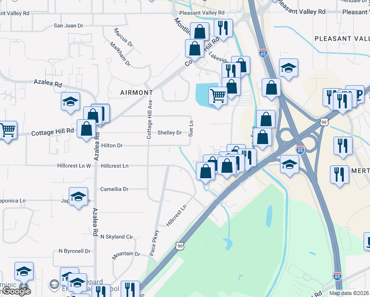 map of restaurants, bars, coffee shops, grocery stores, and more near 3805 Hilton Drive in Mobile