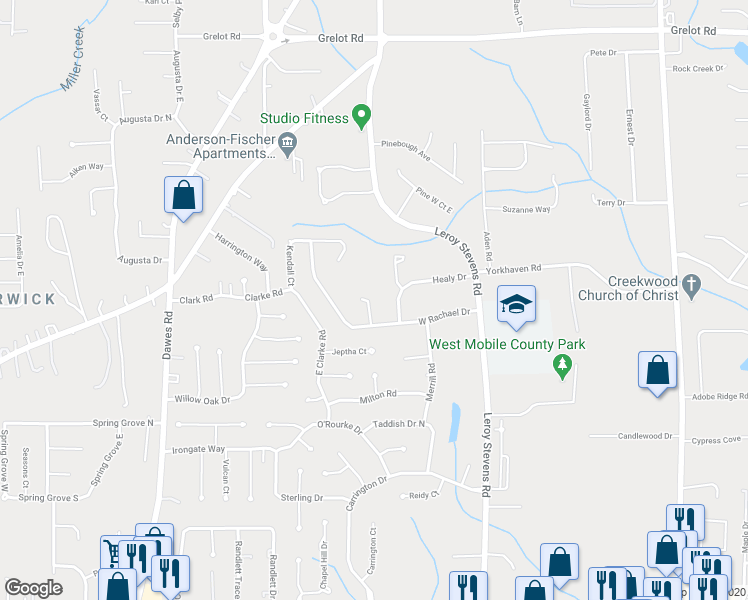 map of restaurants, bars, coffee shops, grocery stores, and more near 1899 Rachael Court in Mobile