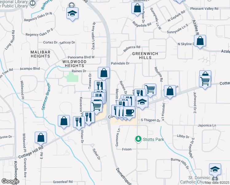 map of restaurants, bars, coffee shops, grocery stores, and more near 701 Merritt Drive in Mobile