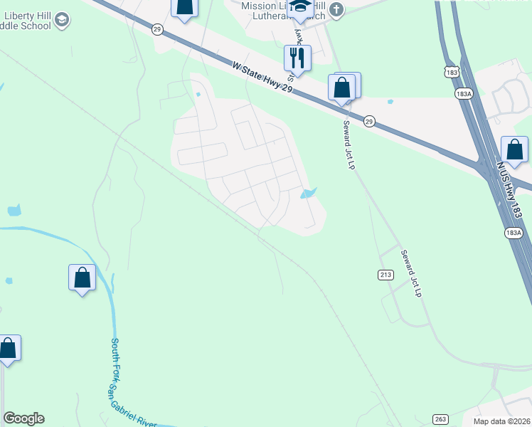 map of restaurants, bars, coffee shops, grocery stores, and more near 325 Old Glory Trail in Liberty Hill