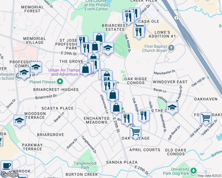 map of restaurants, bars, coffee shops, grocery stores, and more near 3601 East 29th Street in Bryan
