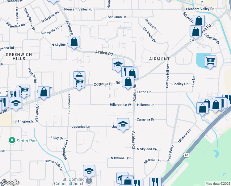 map of restaurants, bars, coffee shops, grocery stores, and more near 3993 Cottage Hill Road in Mobile