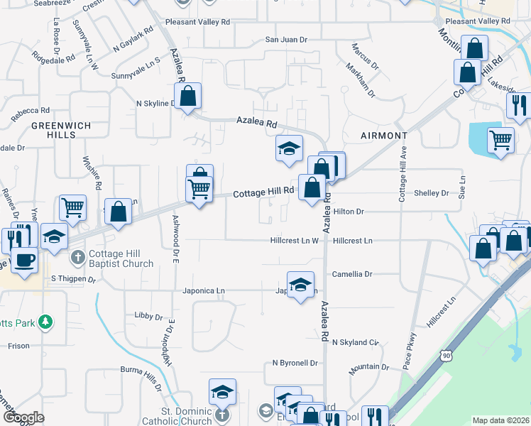 map of restaurants, bars, coffee shops, grocery stores, and more near 3984 Hillcrest Lane in Mobile