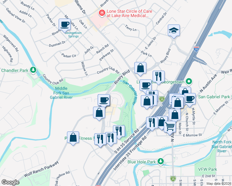 map of restaurants, bars, coffee shops, grocery stores, and more near 1141 Highknoll Lane in Georgetown
