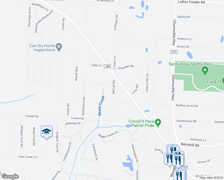 map of restaurants, bars, coffee shops, grocery stores, and more near 5889 McCall Road in Pace