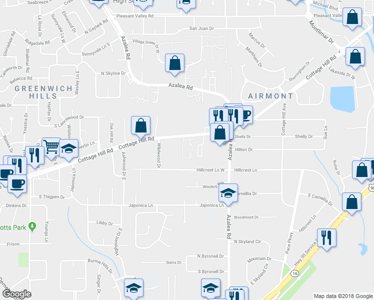 map of restaurants, bars, coffee shops, grocery stores, and more near 3984 Hillcrest Lane in Mobile