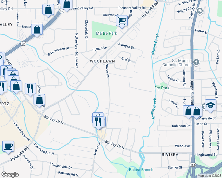 map of restaurants, bars, coffee shops, grocery stores, and more near 1013 Navco Road in Mobile