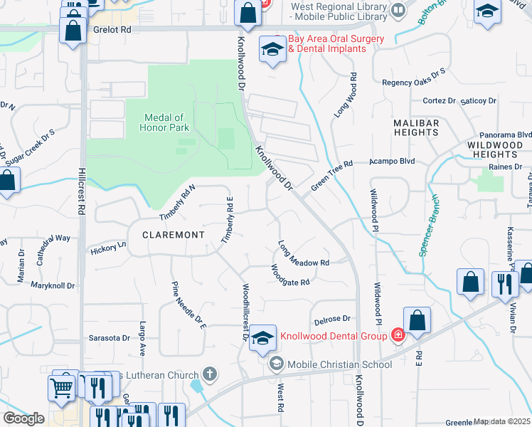 map of restaurants, bars, coffee shops, grocery stores, and more near 5901 Spanish Moss Court in Mobile