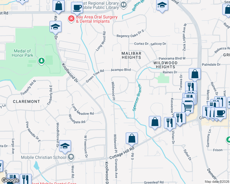 map of restaurants, bars, coffee shops, grocery stores, and more near 5596 Fairfield Place in Mobile