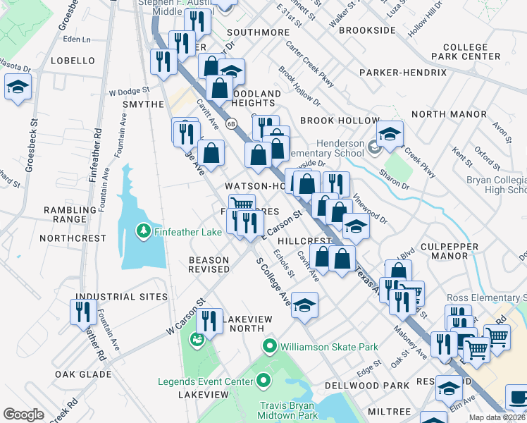map of restaurants, bars, coffee shops, grocery stores, and more near 207 East Duncan Street in Bryan