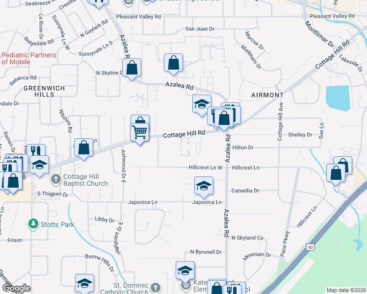 map of restaurants, bars, coffee shops, grocery stores, and more near 4027 Cottage Hill Road in Mobile