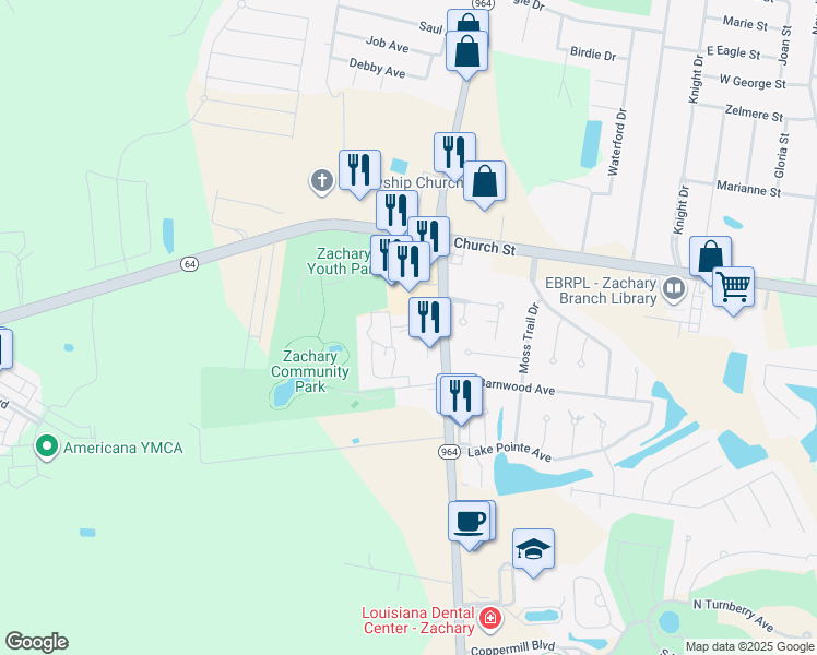 map of restaurants, bars, coffee shops, grocery stores, and more near 20103 Old Scenic Highway in Zachary