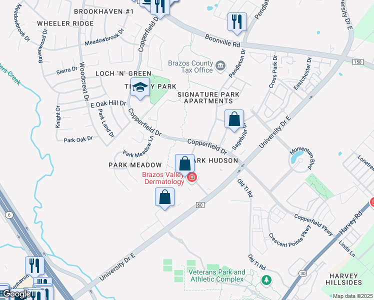 map of restaurants, bars, coffee shops, grocery stores, and more near 3720 Coppercrest Drive in Bryan