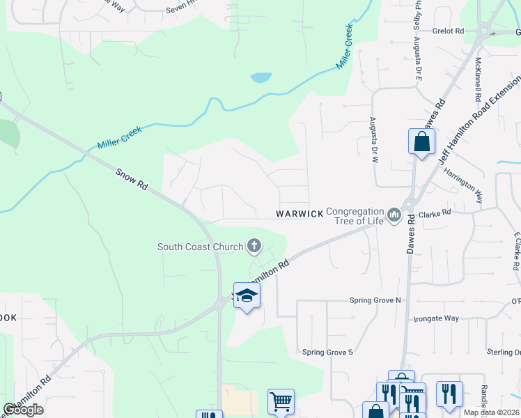 map of restaurants, bars, coffee shops, grocery stores, and more near 8960 Jeff Hamilton Road in Mobile