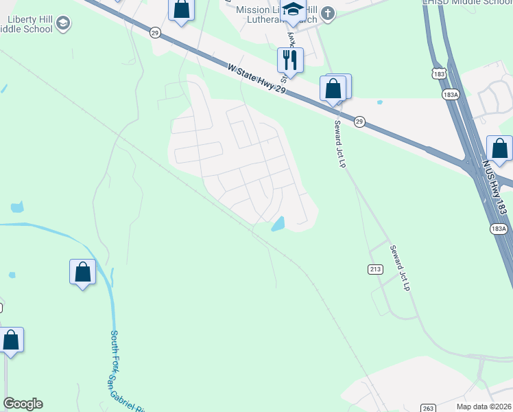 map of restaurants, bars, coffee shops, grocery stores, and more near 325 Old Glory Trail in Liberty Hill