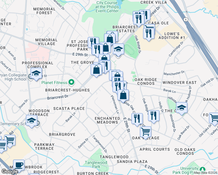 map of restaurants, bars, coffee shops, grocery stores, and more near 1730 Barak Ln in Bryan