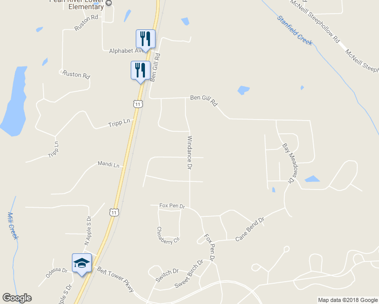 map of restaurants, bars, coffee shops, grocery stores, and more near 49 Windance Drive in Carriere