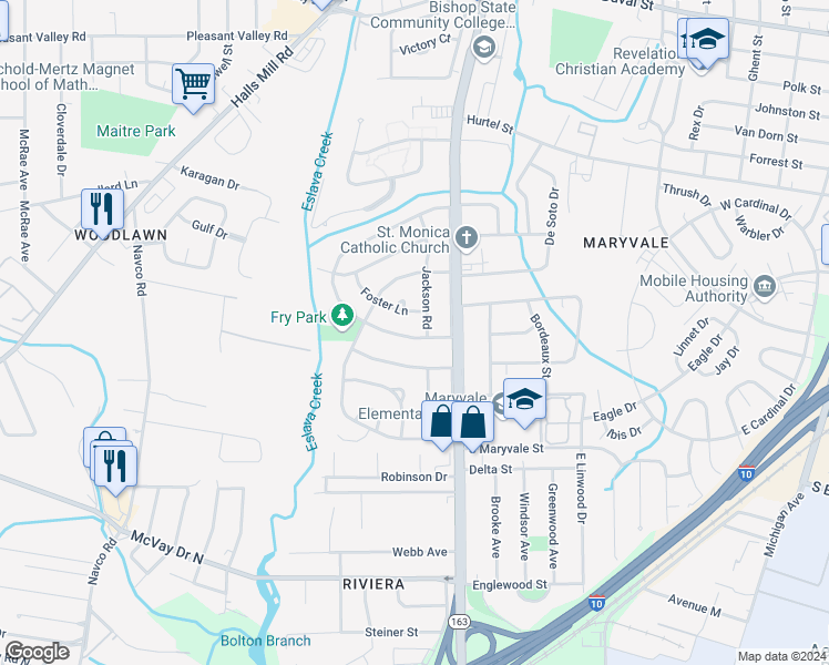 map of restaurants, bars, coffee shops, grocery stores, and more near 2054 South Gimon Circle in Mobile