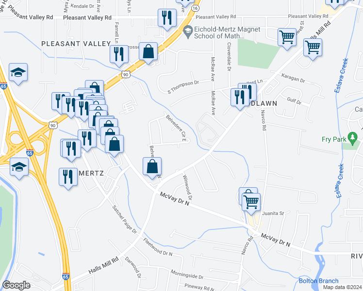 map of restaurants, bars, coffee shops, grocery stores, and more near 2729 Belvedere Circle South in Mobile
