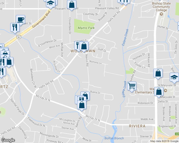 map of restaurants, bars, coffee shops, grocery stores, and more near 965 Navco Road in Mobile