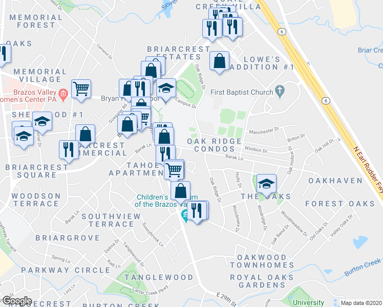 map of restaurants, bars, coffee shops, grocery stores, and more near 1900 Barak Lane in Bryan
