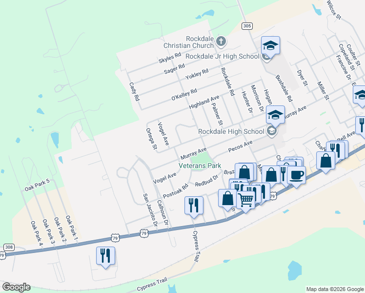 map of restaurants, bars, coffee shops, grocery stores, and more near 705 Enfield Drive in Rockdale