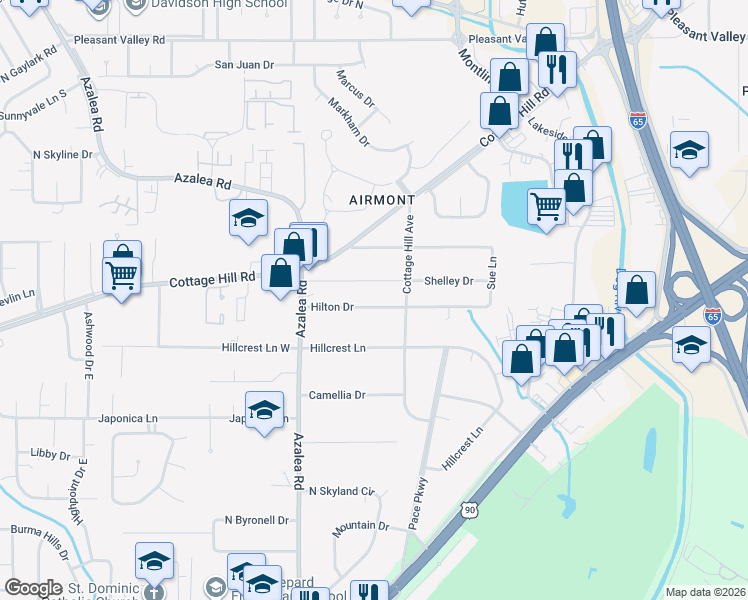 map of restaurants, bars, coffee shops, grocery stores, and more near 3871 Shelly Drive in Mobile