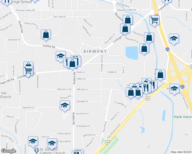 map of restaurants, bars, coffee shops, grocery stores, and more near 3858 Hilton Drive in Mobile