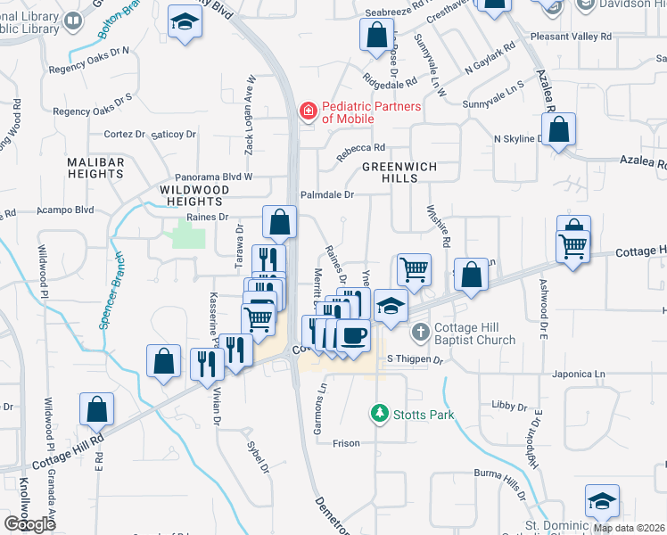 map of restaurants, bars, coffee shops, grocery stores, and more near 700 Raines Drive in Mobile