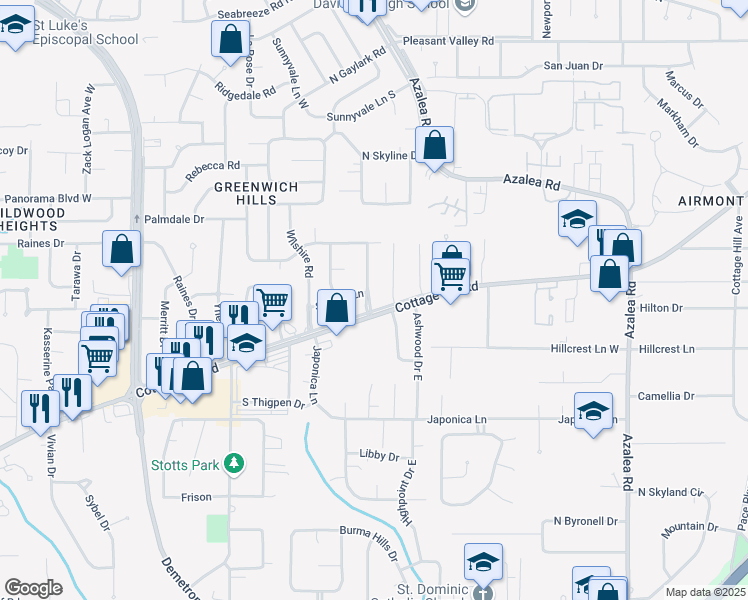 map of restaurants, bars, coffee shops, grocery stores, and more near 721 Deauville Drive in Mobile