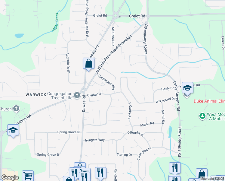 map of restaurants, bars, coffee shops, grocery stores, and more near 1884 Harrington Way in Mobile