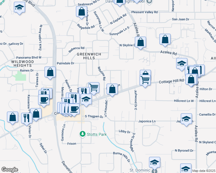 map of restaurants, bars, coffee shops, grocery stores, and more near 713 Wilshire Road in Mobile