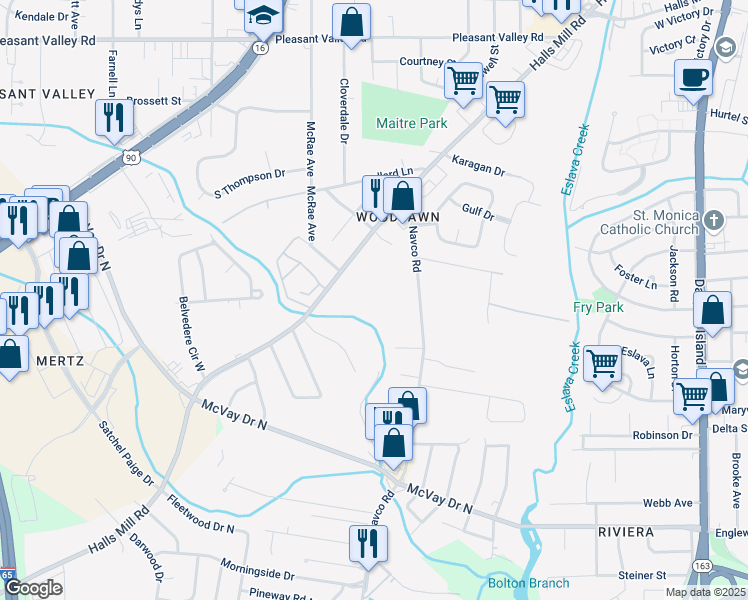 map of restaurants, bars, coffee shops, grocery stores, and more near 2657 Halls Mill Rd in Mobile