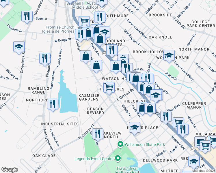 map of restaurants, bars, coffee shops, grocery stores, and more near 1901 Echols Street in Bryan