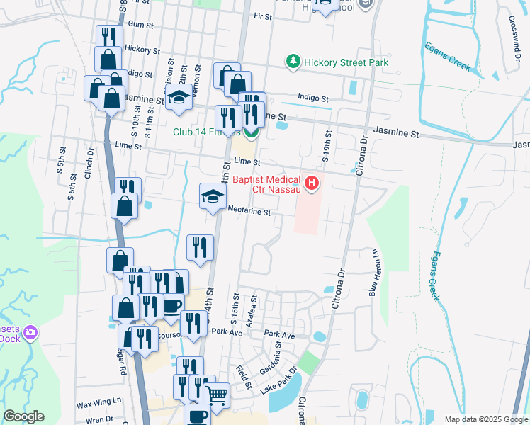 map of restaurants, bars, coffee shops, grocery stores, and more near 1602 Nectarine Street in Fernandina Beach