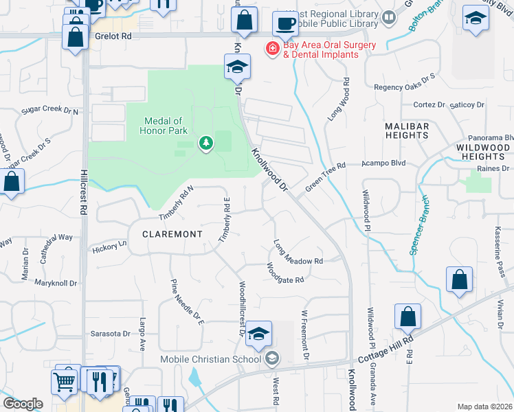 map of restaurants, bars, coffee shops, grocery stores, and more near 1717 Arlington Court in Mobile