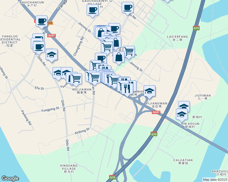 map of restaurants, bars, coffee shops, grocery stores, and more near Ping Jiang Dong Lu in Wu Han Shi