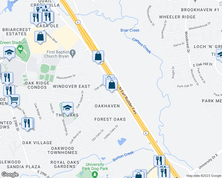 map of restaurants, bars, coffee shops, grocery stores, and more near 281 Texas 6 Frontage Road in Bryan