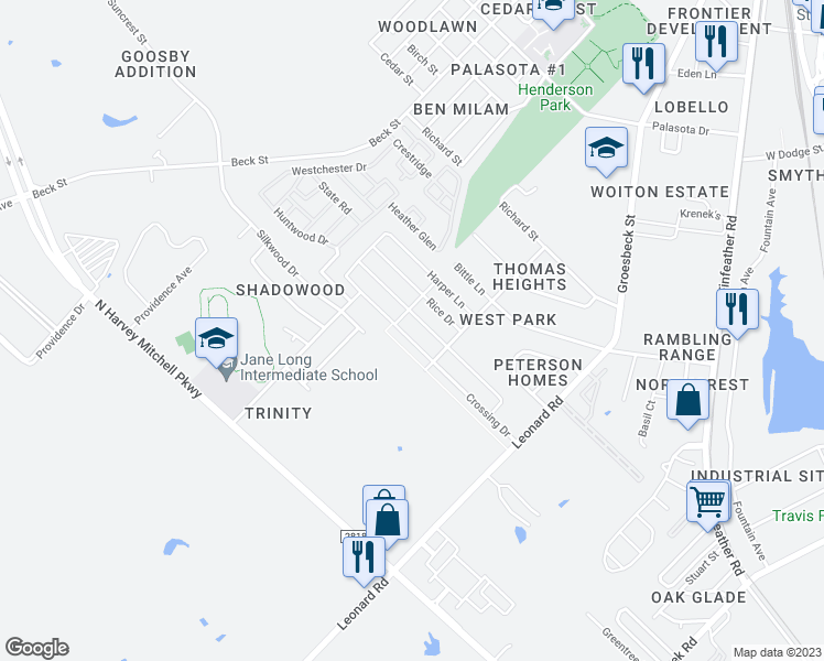 map of restaurants, bars, coffee shops, grocery stores, and more near 1007 Crossing Drive in Bryan