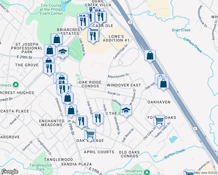 map of restaurants, bars, coffee shops, grocery stores, and more near 2301 Windsor Drive in Bryan