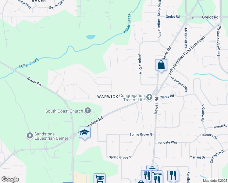 map of restaurants, bars, coffee shops, grocery stores, and more near 8820 A Jeff Hamilton Road in Mobile