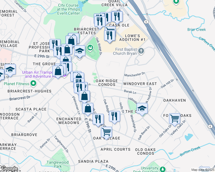 map of restaurants, bars, coffee shops, grocery stores, and more near 2101 Barak Lane in Bryan